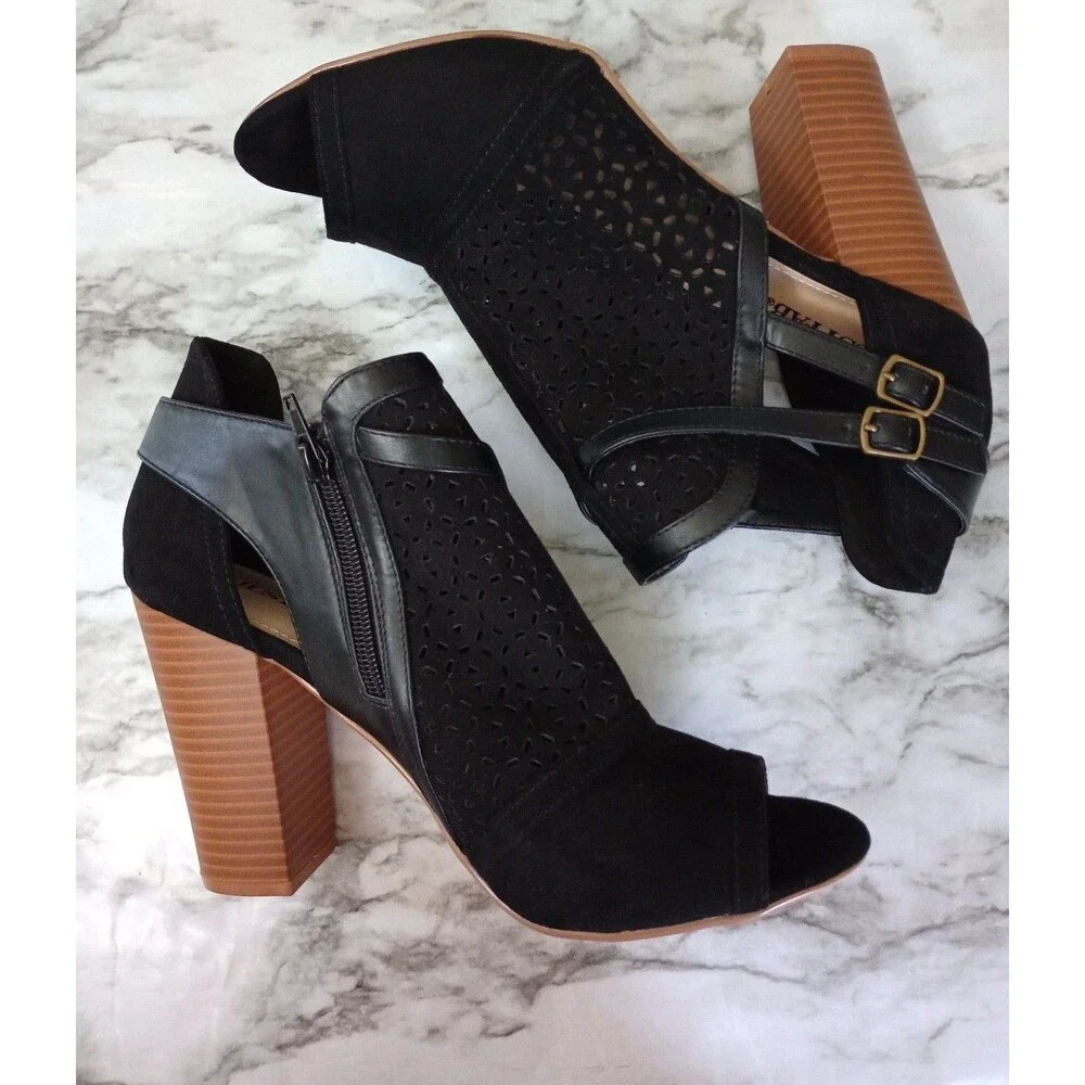 Just Fab Black Faux Suede Eyelet Open Toe High Heel Ankle Boots Booties Size 9.5